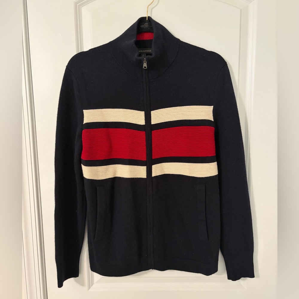 Banana Republic Men's navy blue Sweater with Red and Cream Stripes